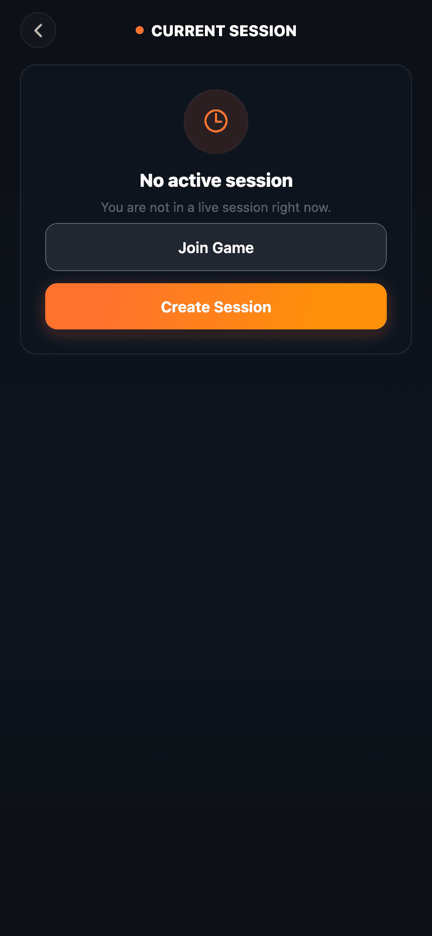 Plai Arena mobile app — Current Session screen with no active session (Join Game, Create Session).