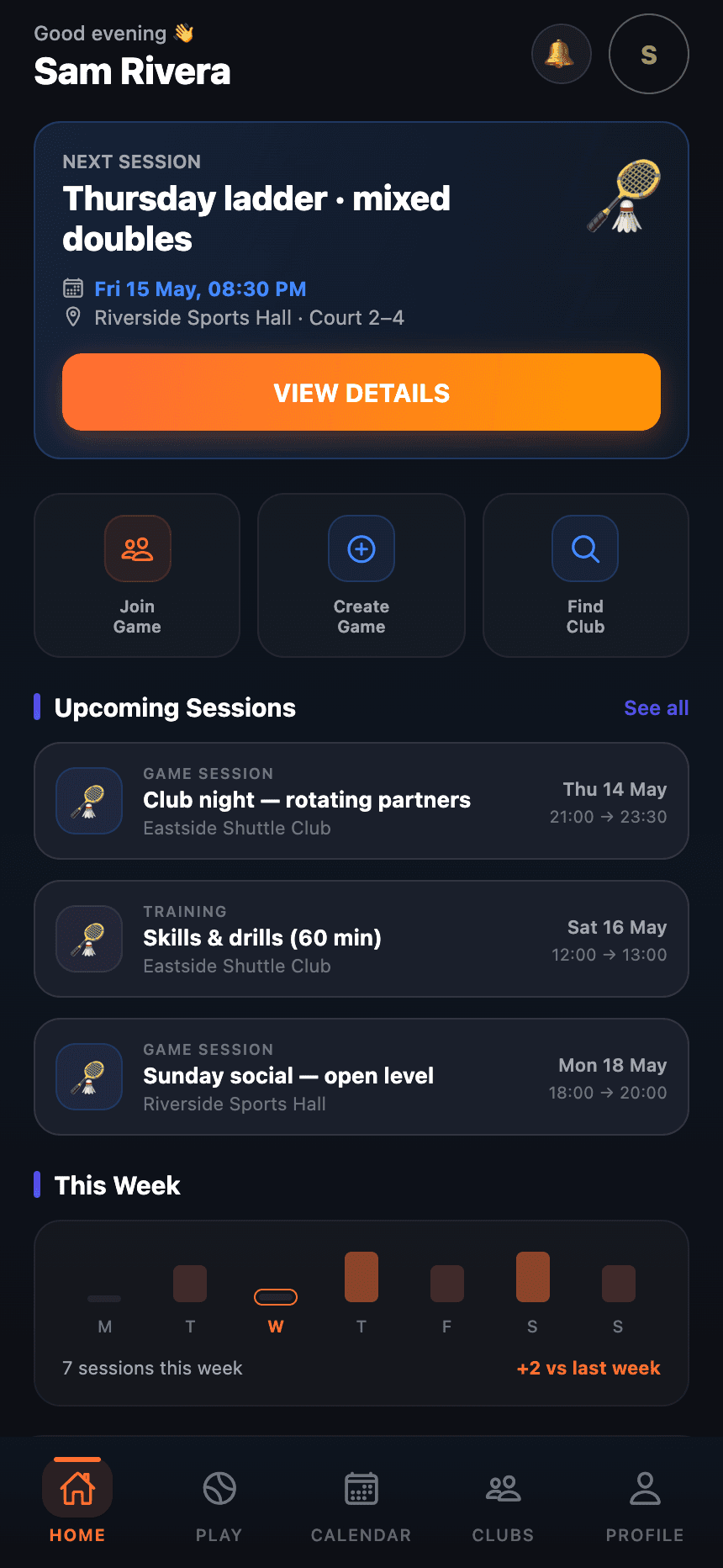 Plai Arena mobile app — Home tab (Expo web export of the same React Native surfaces as iOS/Android).