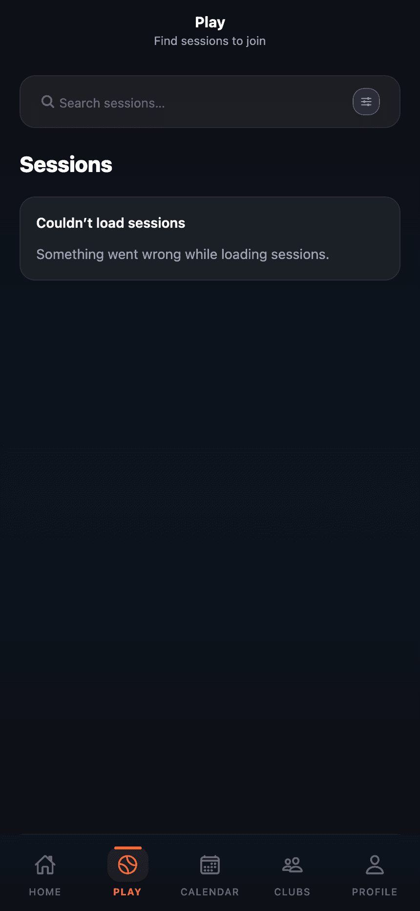Plai Arena mobile app — Play tab for queues, match flow, and structured games.