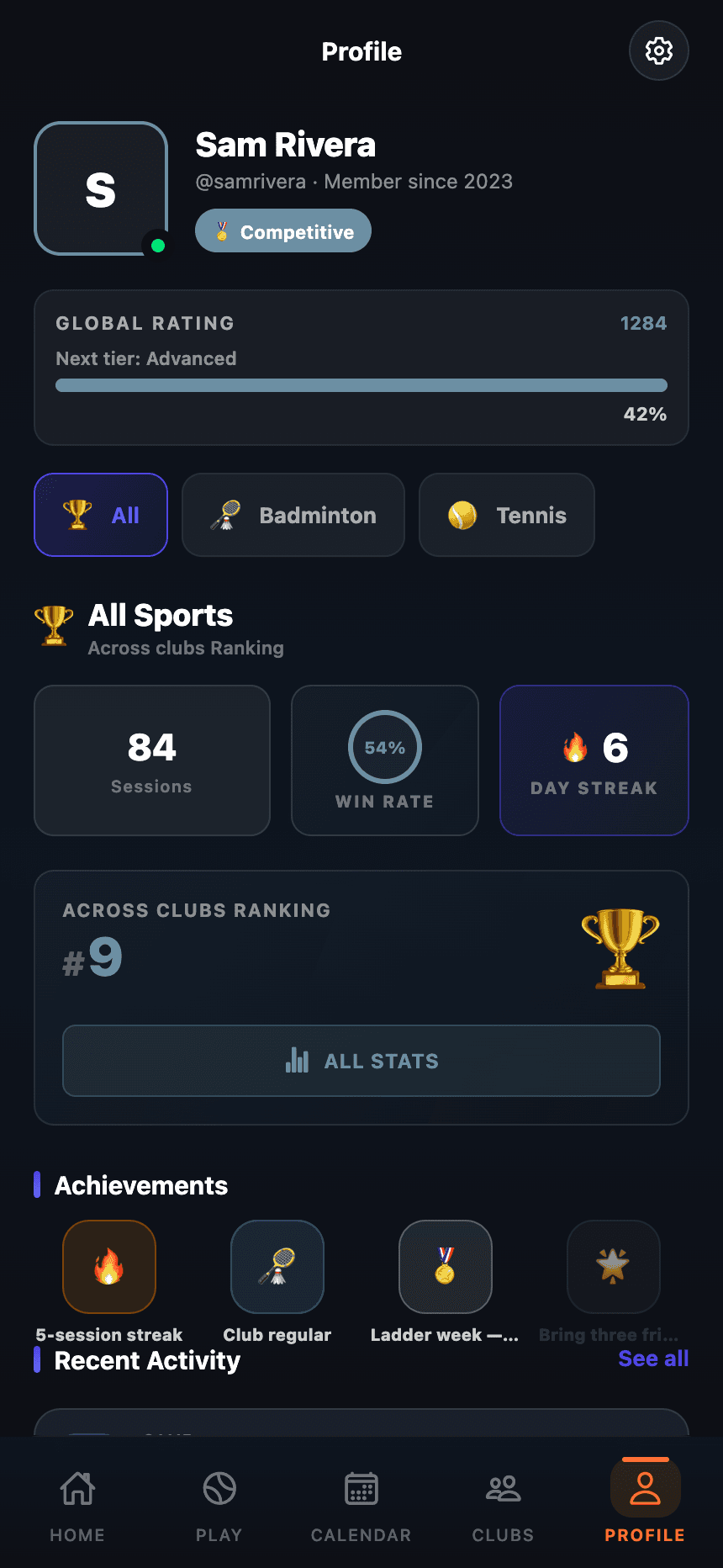 Plai Arena mobile app — Profile tab with identity and sport entry points.