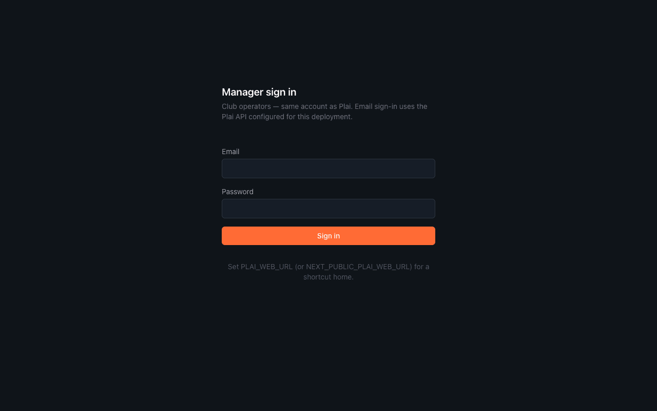 Plai Arena web manager sign-in — organizer live desk in the browser.